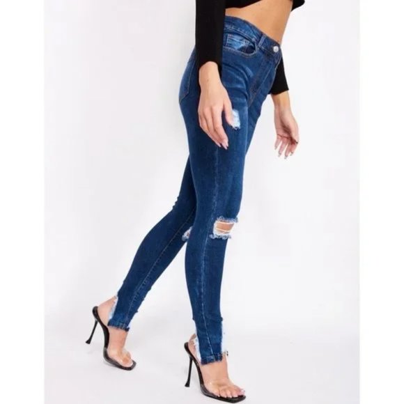Blue High Waist Ripped Distressed Split Hem Skinny Jeans Denim Pants - Picture 3 of 13